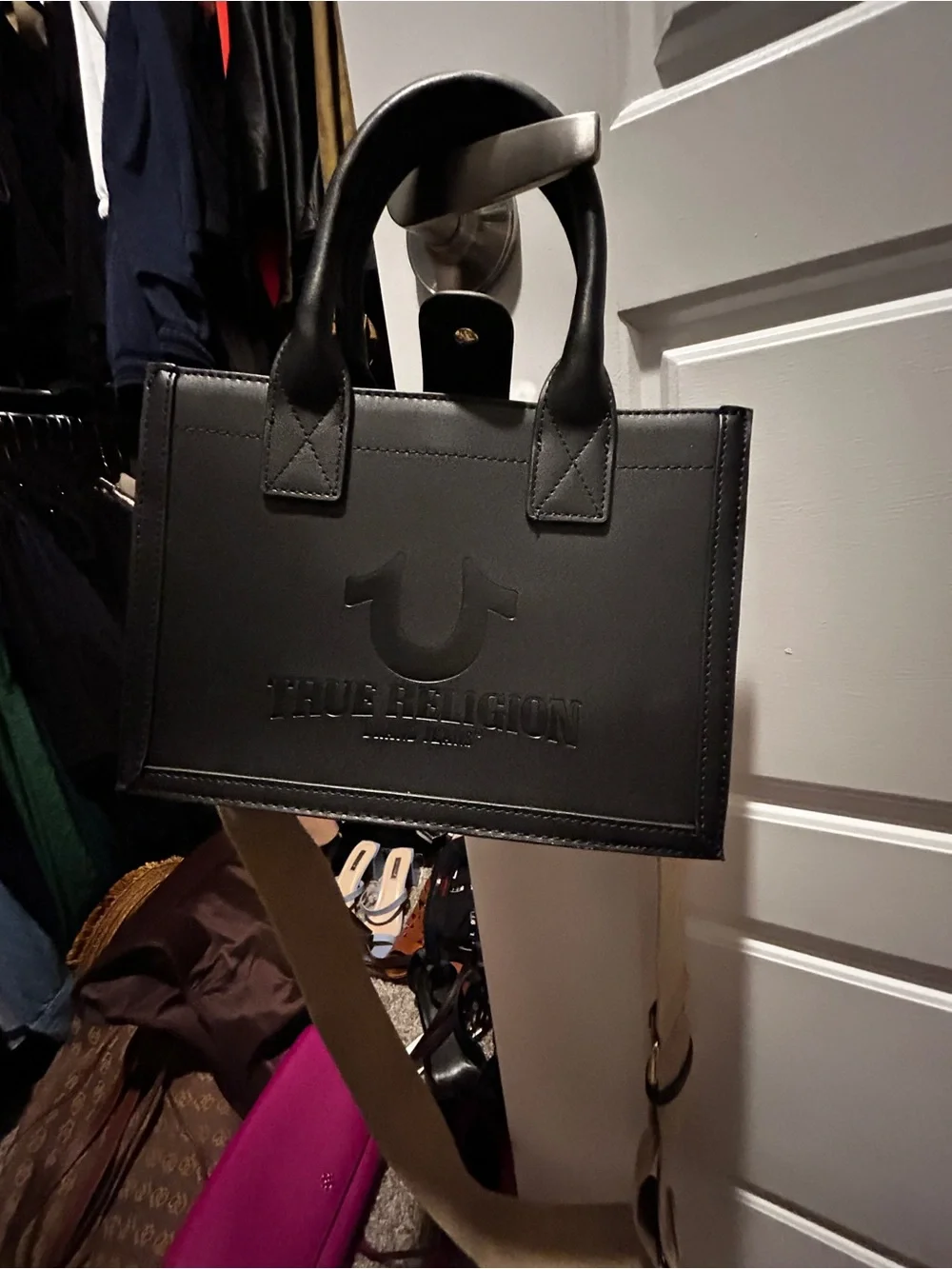 True Religion Black Leather Tote with Beige Branded Strap